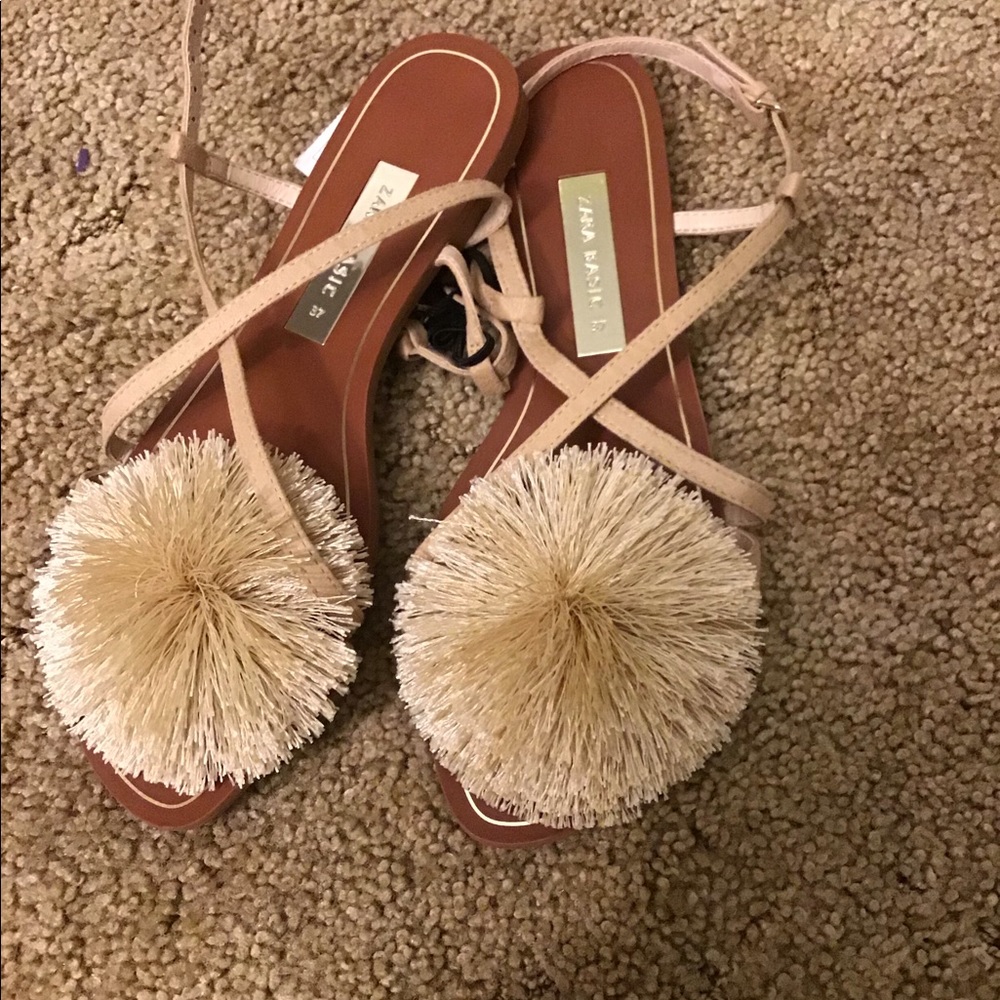 Zara pompon flat sandal beige